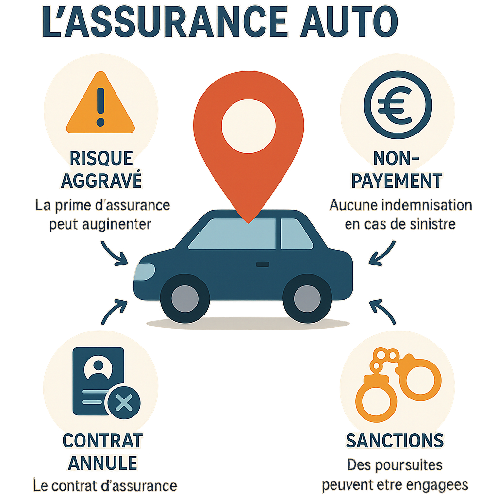 Infographie expliquant les conséquences d'une fausse adresse sur la prime d'assurance automobile.